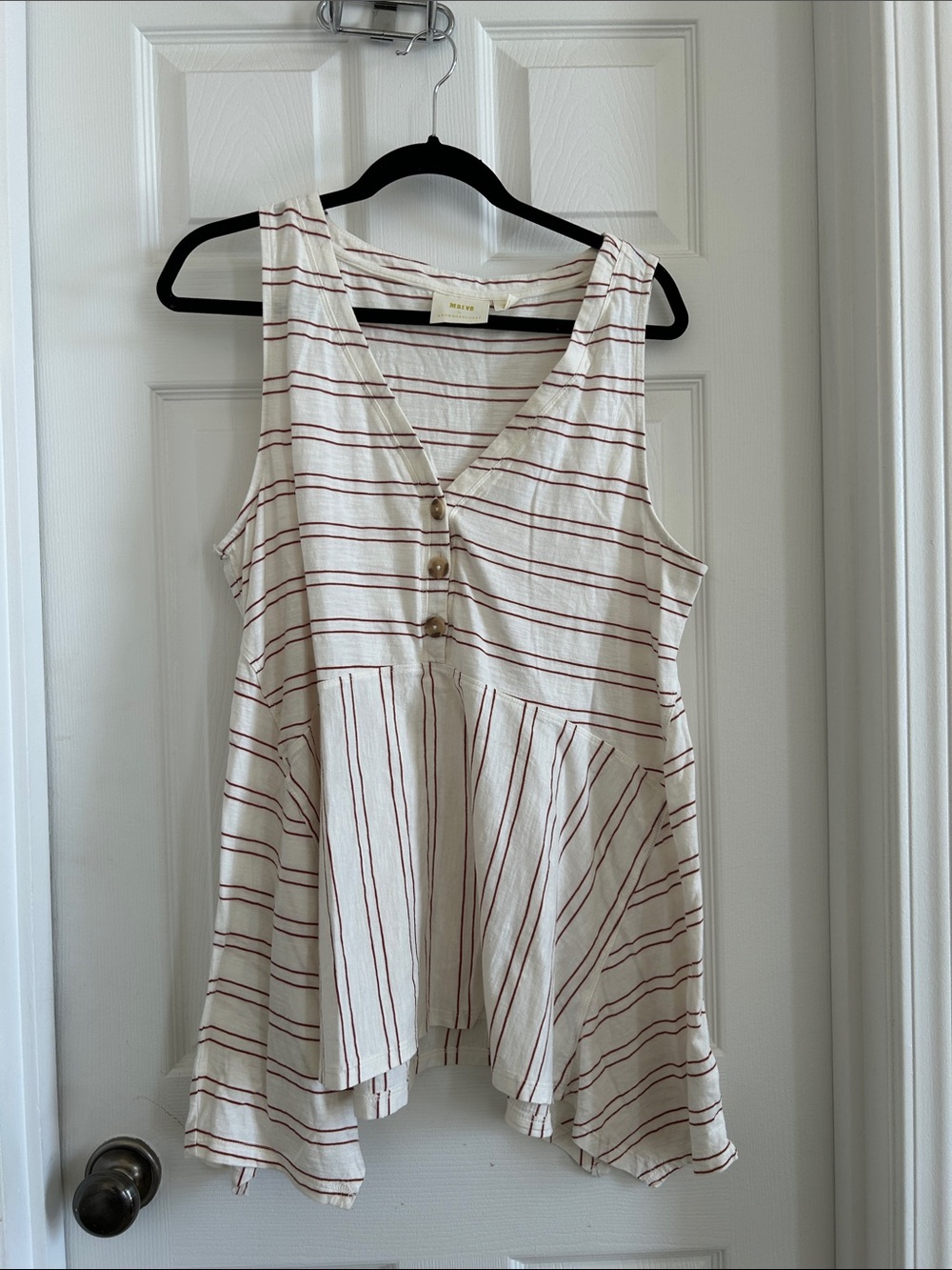 Maeve Cream and Brown Striped V-Neck Tank with Buttons